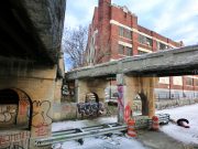 Urban Detroit, Michigan setting with crumbling architecture and filth – landscape color photo