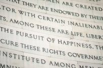 Inscription in the Jefferson Memorial in Washington DC of inalienable rights from the US Declaration of Independence