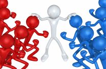 The Original 3D Character Illustration Holding Two Opposing Crowds Back