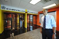 US President Barack Obama chats with jou