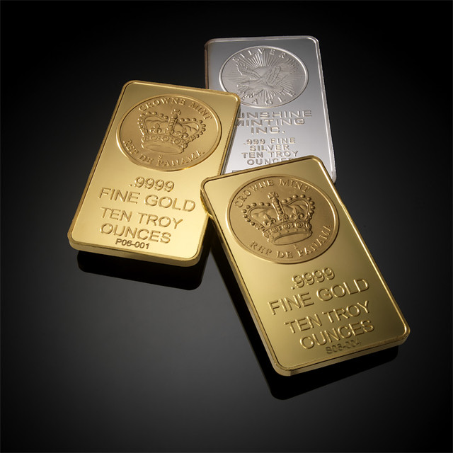Gold and silver bars and coins