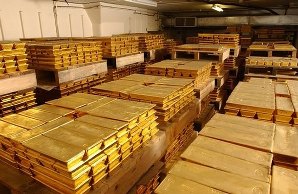Gold bars stored in a secure vault